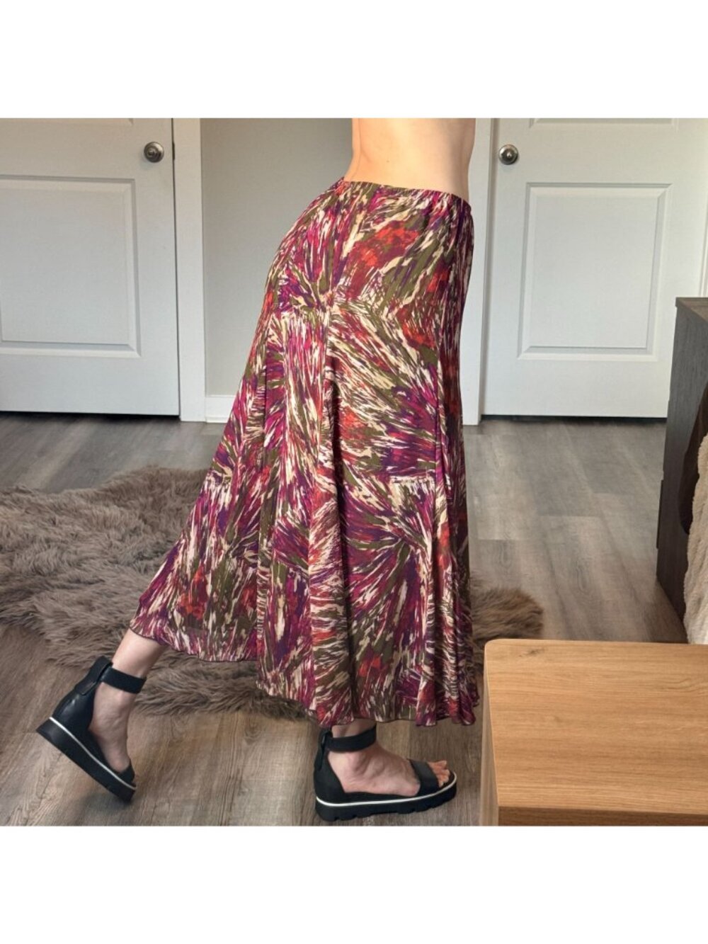 Boho Abstract Maxi Skirt Womens 10P Flowy Earth Tone Festival Coastal Chic Skirt - Picture 4 of 7